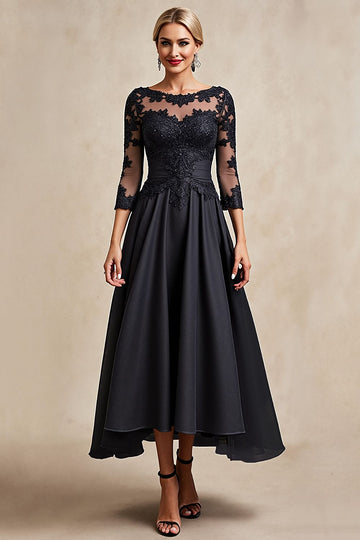 Black A Line 3/4 Sleeve Tea Length Mother of the Bride Dress with Appliques